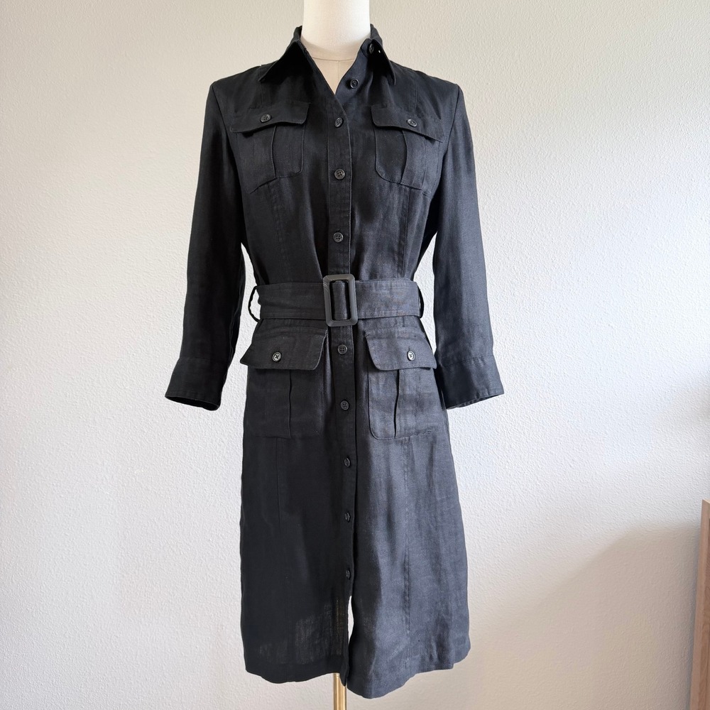 Lauren Ralph Lauren Black Linen Button Up Shirt Dress Petite 2P Minimalist Linen